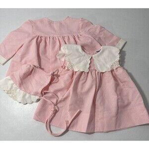 Vtg Fayette Dress Girls 18M Pink‎ Seersucker Square Collar Set 3